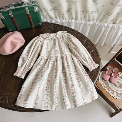 Girls Dress 2025 Autumn New French Floral Doll Collar Style Handmade Embracing Long Sleeve Childrens Princess Skirt