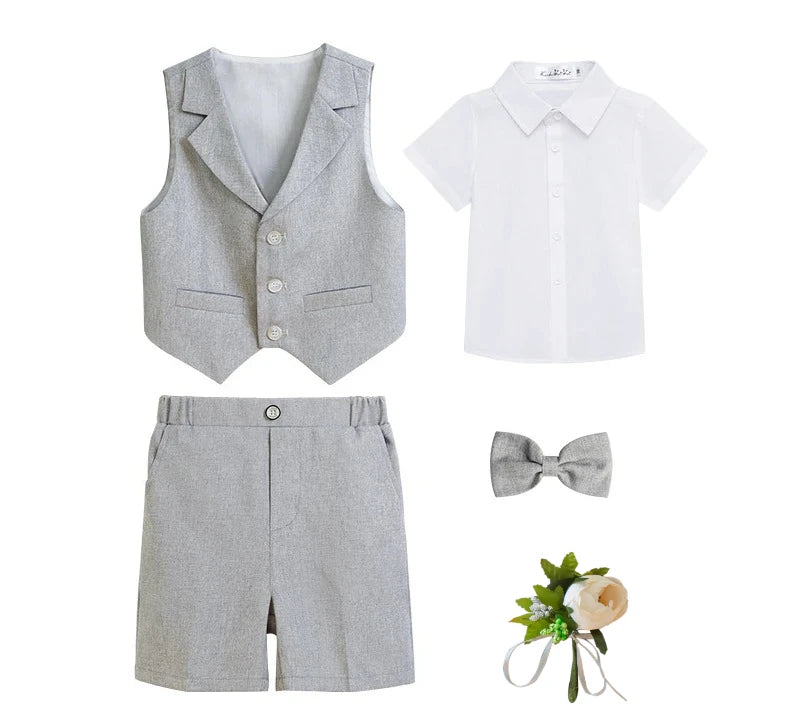 Boys Dressy Shorts Set Summer Elegant Vest Outfits for Kids School Performance Formal Wear Flower Boy Wedding Blazers Tuxedo