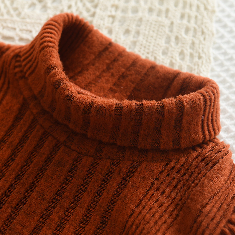 Girls' Woolen Dress 2023 New Children's Autumn Winter New High Neck Flying Sleeve Lace up Knitted Long Sleeve Dress