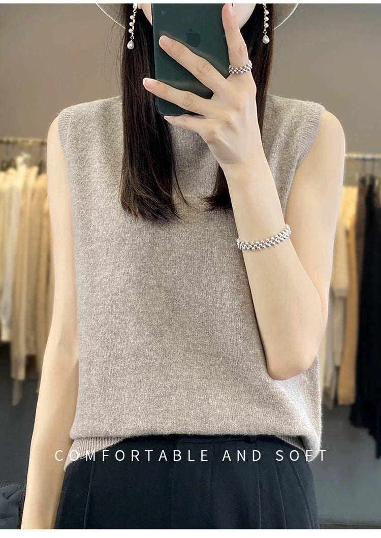 2024 Cashmere Vest Women's 100% Merino Wool Pullover Indoor Sleeveless Sweater Half-turtleneck Office Tops Waistcoat