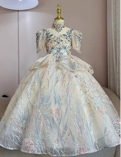 Girls Summer Party Dress Puffy PrincessFlower Pageant Host Formal Gown Girl Outfit Piano Recital Performance Birthday Wedding