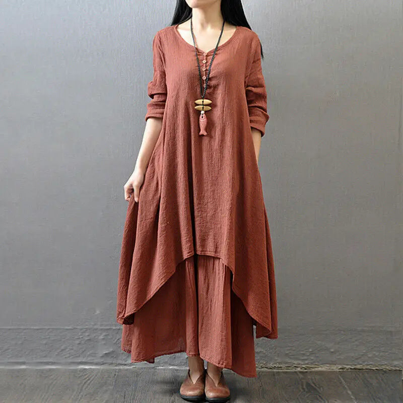 Summer Women  Boho Vintage Kaftan Loose Gypsy Maxi Dress Fake Two-piece Literary Irregular Large Swing Dress Robe