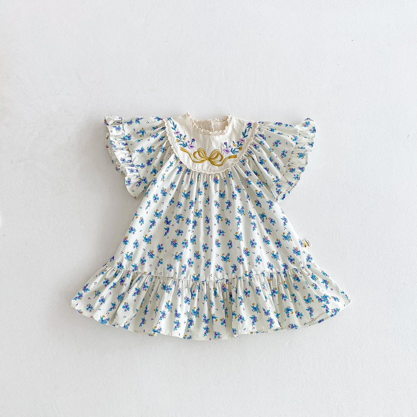 Summer girls' dress, bow-embroidered fly-sleeved dress, floral printed casual dress