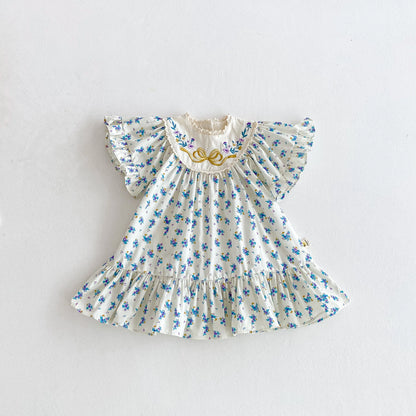 Summer girls' dress, bow-embroidered fly-sleeved dress, floral printed casual dress