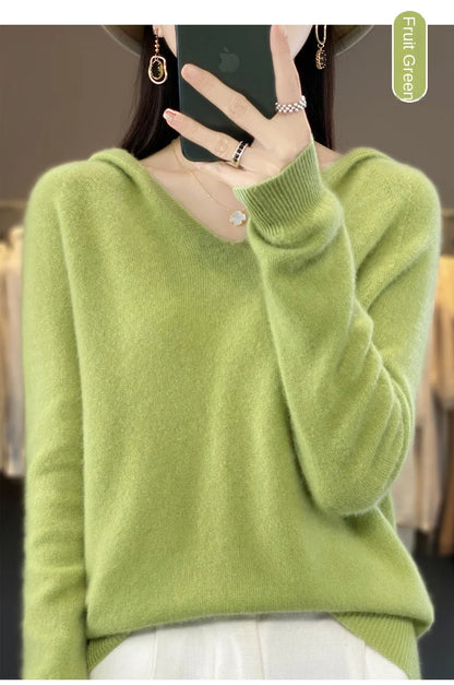 2024 100% Merino Pure Wool V-neck Hoodie Autumn/Winter Hoodie New Cashmere Sweater Women's Casual Knitted Top DMR207