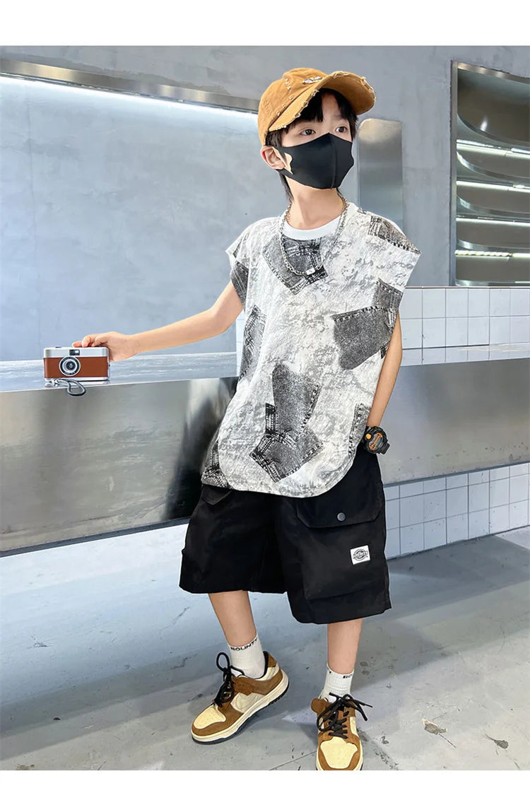 Boys Summer Clothing Sets Sleeveless Top + Shorts Two Pieces Soft Cotton Outfits for Kids Child Age 5 6 7 8 9 10 11 12 13 14 Y