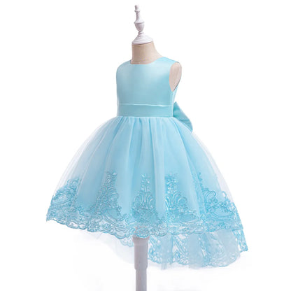 Trailing Party Dresses For Girl Pink Flower Bow Wedding Bridesmaid Girls Dress Elegant Tulle Birthday Princess Evening Prom Gown