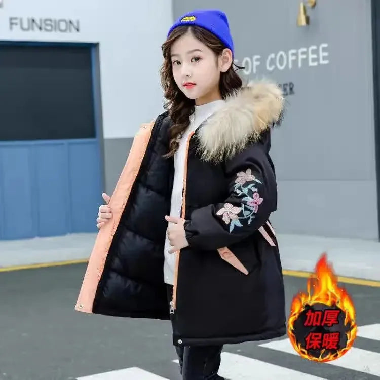 Winter Warm Jackets for Girls Two Colors Faux Fur Hooded Coat Kids White Duck Down Parkas Children Cotton Long Outwear