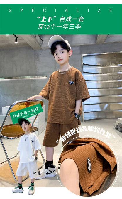 Fashion Boys Summer Sets 2024 New Teenager Casual Outfits Children Trends Clothes Suits Kids Short Sleeves Tops+Baggy Pants 2Pcs