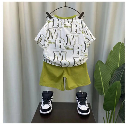 Boys Summer Short Sleeve Set 2024 New Fashionable Baby Clothes Boys Handsome Clothes Children's Letter Two Piece Set