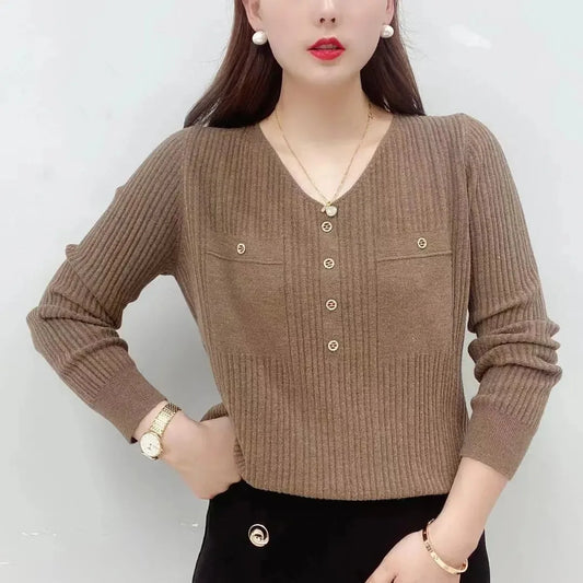 New Long Sleeve Knit V-Neck Pullover Loose Thin Sweater Underlay Autumn Sweater Top