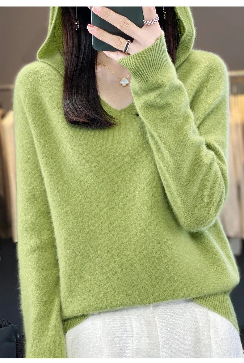 2024 100% Merino Pure Wool V-neck Hoodie Autumn/Winter Hoodie New Cashmere Sweater Women's Casual Knitted Top DMR207