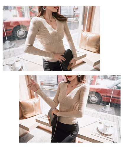 Short Basic Sweaters Women 2025 Sexy Deep V Neck Sweater Women's Pullover Slim Bottoming Sweaters Female Elastic Cotton Tops
