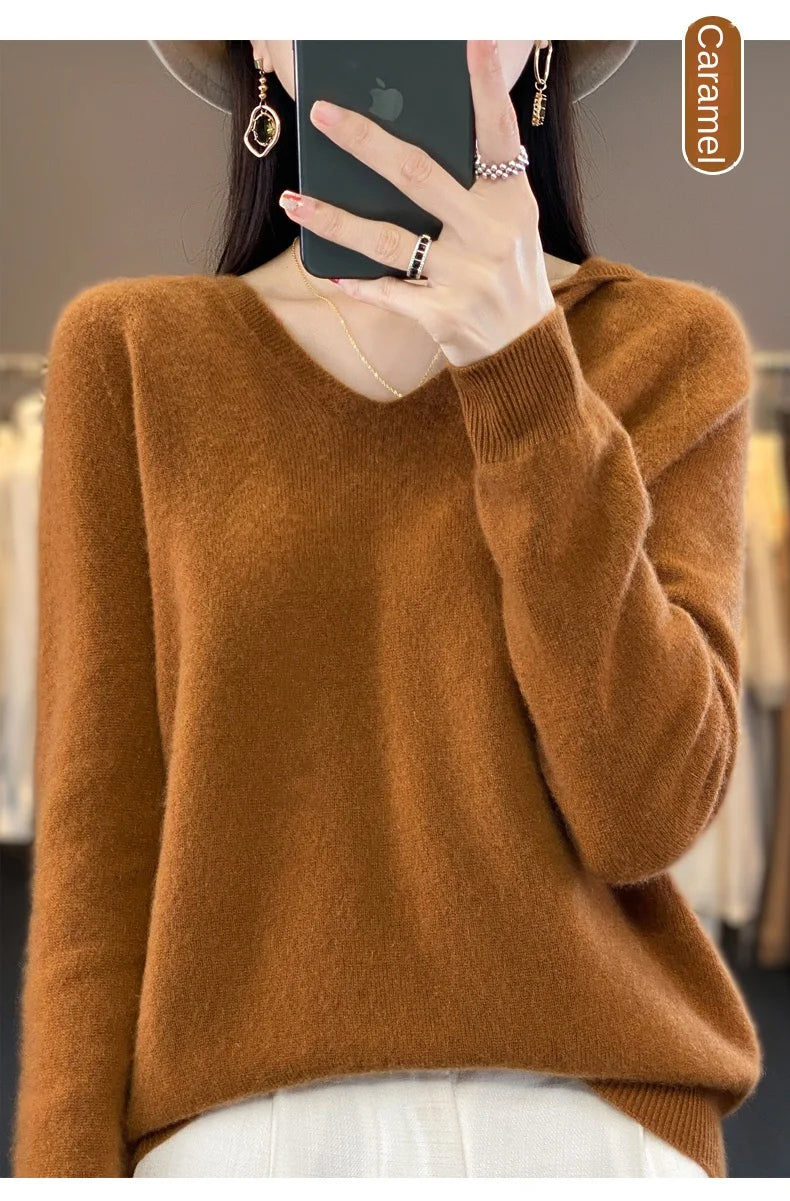 2024 100% Merino Pure Wool V-neck Hoodie Autumn/Winter Hoodie New Cashmere Sweater Women's Casual Knitted Top DMR207