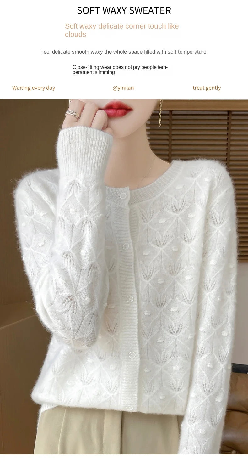 2024 Autumn And Winter New Round Neck Hollowed Out 100 Wool Knitted Cardigan Women's Versatile Coat Loose Casual Sweater DMR281