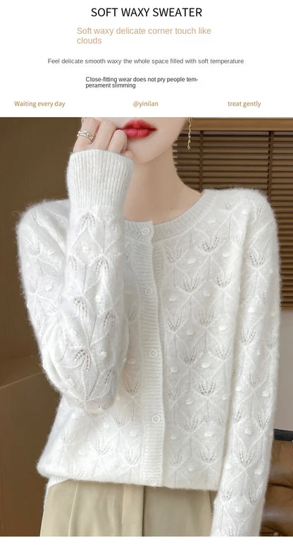 2024 Autumn And Winter New Round Neck Hollowed Out 100 Wool Knitted Cardigan Women's Versatile Coat Loose Casual Sweater DMR281