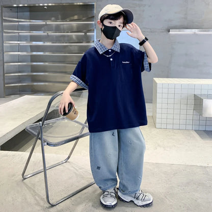 Boys Summer Clothing Set Children Short-Sleeve Polo Shirt Top+ Denim Pants Two-Piece Set 2025 New