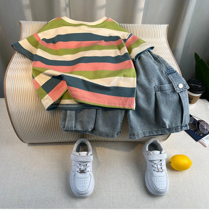 Boys Summer 2025 Boutique Design Outfits Baby Boys Short Sleeve Striped T-Shirt Jeans Shorts 2pcs Korean Clothes for Children