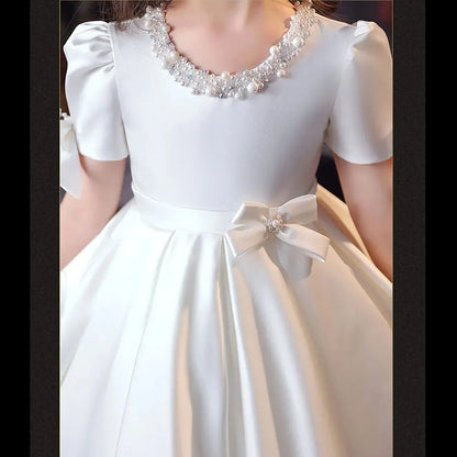 Little Girls White CeremonY Communion Dress Kids Birthday Party Ball Gown Girls School Piano Performance Dresses Fromal Beaded