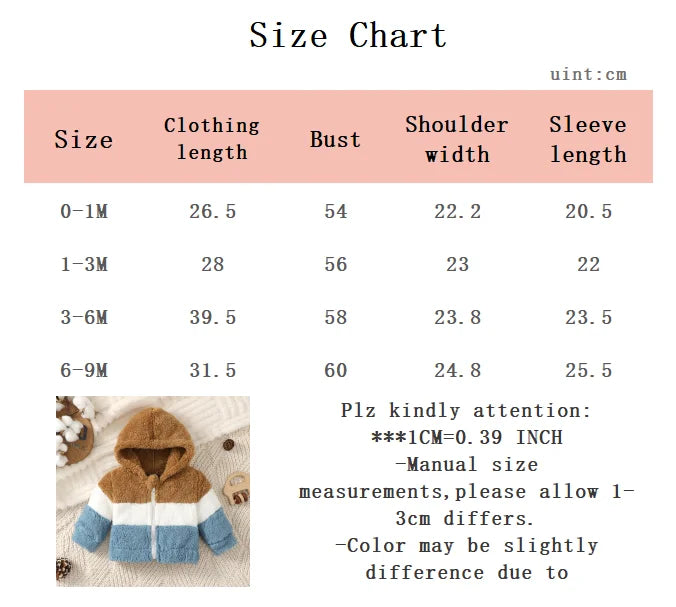 Baby boy Winter Color Blocked Plush coat Hood and Warm Zipper Coat for Baby boys, suitable for Newborns aged 0-9 Months