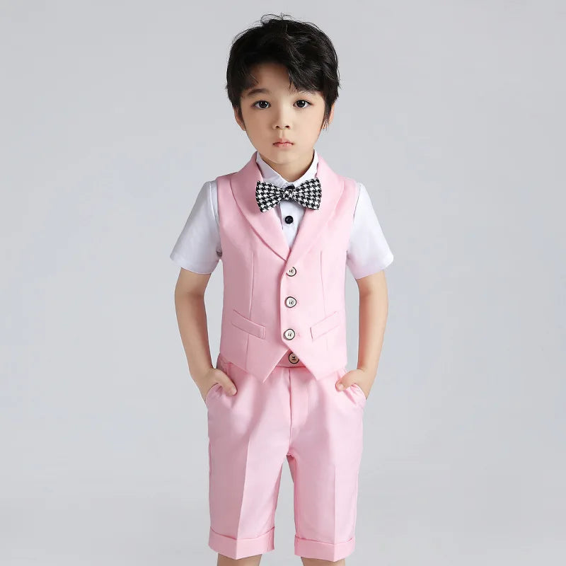 Boys Summer Vest Shirt Shorts Formal Dress Kids Candy Color Waistcoat Wedding Clothes Sets Child Uniforms Toddler Tuxedo Costume