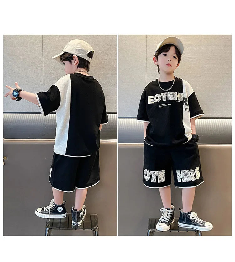 4 5 6 8 10 12 14 Years Summer Boys Clothing Sets New Fashion Letter Top + Shorts 2Pcs Kids Tracksuit Birthday Gifts Kids Clothes