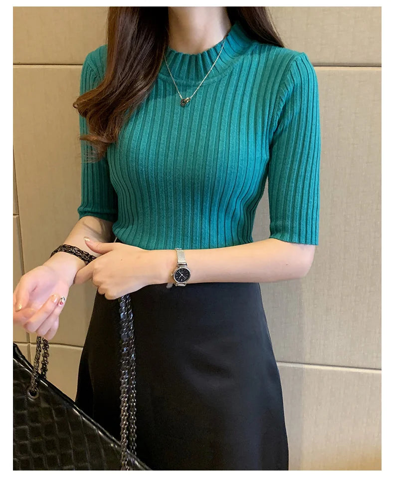 Fall Korean Style Women's Sweaters Solid Color Slim Fit Half Sleeve Knitted Pullover Jumpers Basic WomanTshirt T-shirt Tee Shirt