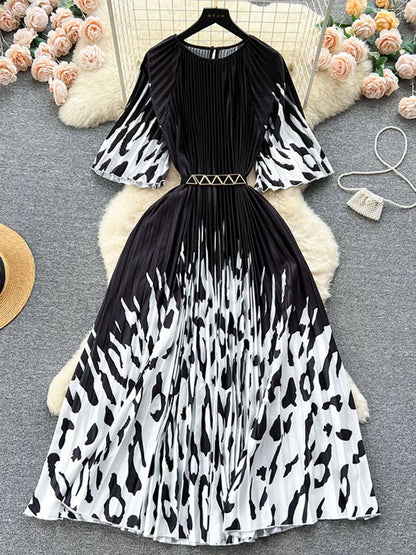 Women's Summer Dress Light Mature Style Retro Style Ruffled 5/4 Sleeves Round Neck Waist Shrinking Print A-line Dress D3971