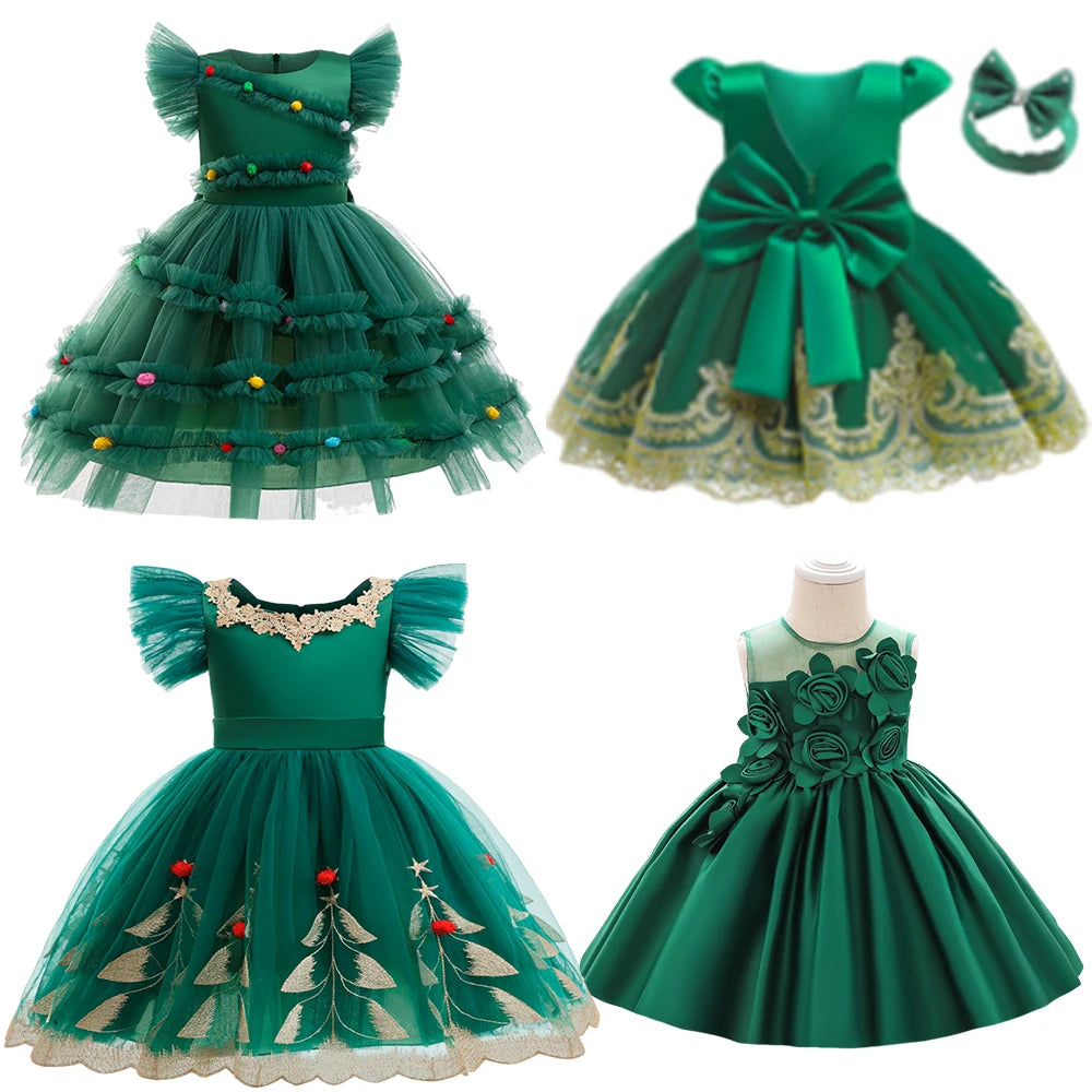 Girl Party Dress Wedding Prom  Children Christmas Princess Dress Green Ball Gown Children Birthday Party Dress 1 2 3 4 5 6 years