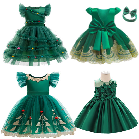 Girl Party Dress Wedding Prom  Children Christmas Princess Dress Green Ball Gown Children Birthday Party Dress 1 2 3 4 5 6 years