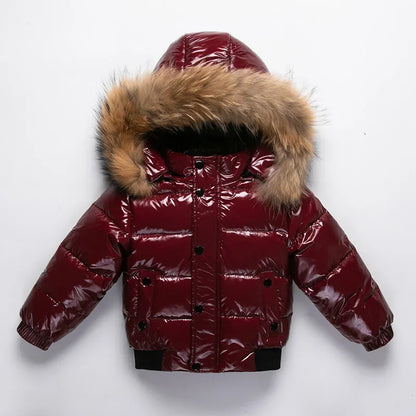 Winter Infant Boys Down Jacket Faux Fur Long Sleeve Thicken Warm Baby Boys Parkas Zipper Shinny Waterproof Toddler Boy Outerwear