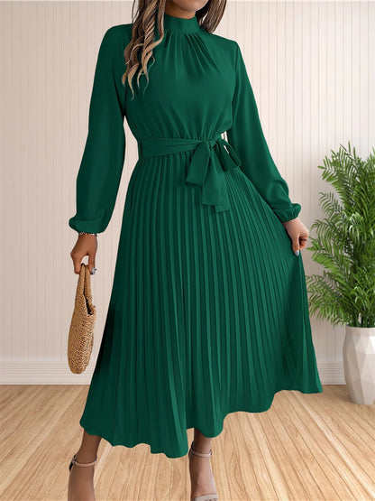 Women's Long Dresses Summer Elegant Pleated Long Sleeveed Lace Up Dresses Beach Boho Wrap Ruffle Hem Swing Sundress
