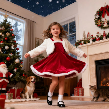 2026 New Year Dress For Girls Autumn And Winter Plush Jacket & Suspender Suits Elegant Dress Carnival Party Christmas Dresses