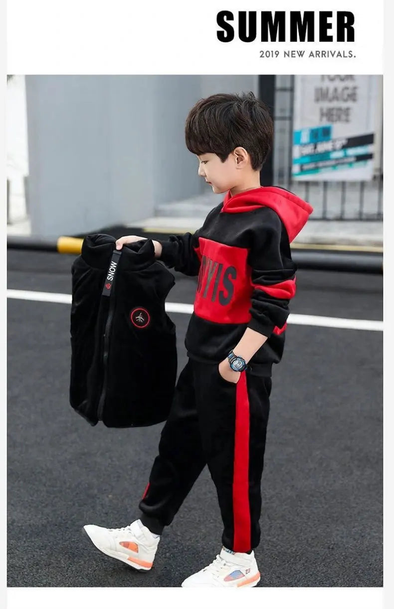 2025 winter Boys tracksuit Autumn Toddler Teenager Clothes vest velvet jacket + Sweatishrt hooded + Pant Children Kids 4 12 year