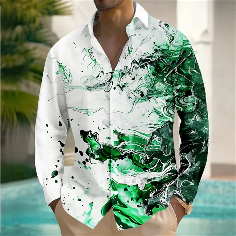 Summer Men's Shirt Abstract Art Color 3D Printing Hawaiian Men's Shirt Casual Long Sleeve Top Shirt Costume