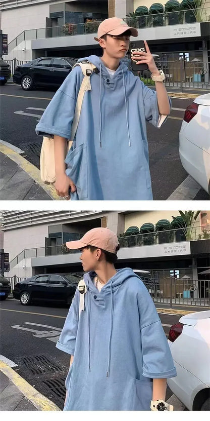 Summer Men's Short-sleeved Sweatshirt with Hat High Street Trend New T-shirt Half-sleeved Hooded Denim T-shirt