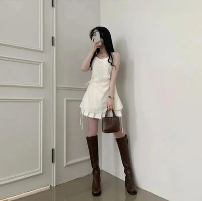 Summer Dress Women Chic French Lace Stitching Sling Shirt Stacked Gauze Knitted Dress Overskirt Inner Wear Base Short Dress