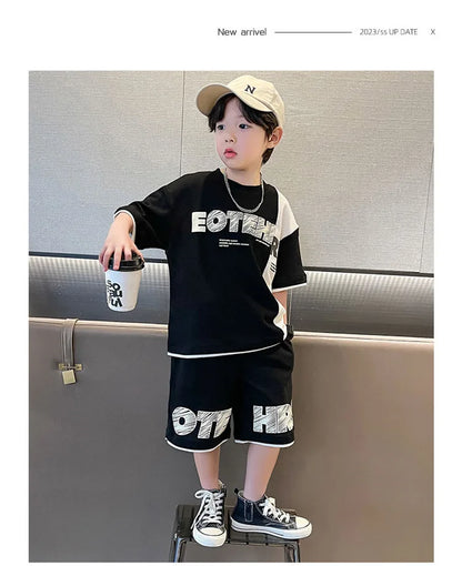 4 5 6 8 10 12 14 Years Summer Boys Clothing Sets New Fashion Letter Top + Shorts 2Pcs Kids Tracksuit Birthday Gifts Kids Clothes