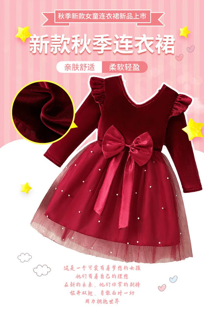2025 Autumn Winter Girls' Christmas Party Dress with Bow, Elegant Princess Gown for Holiday Pageant & Formal Events