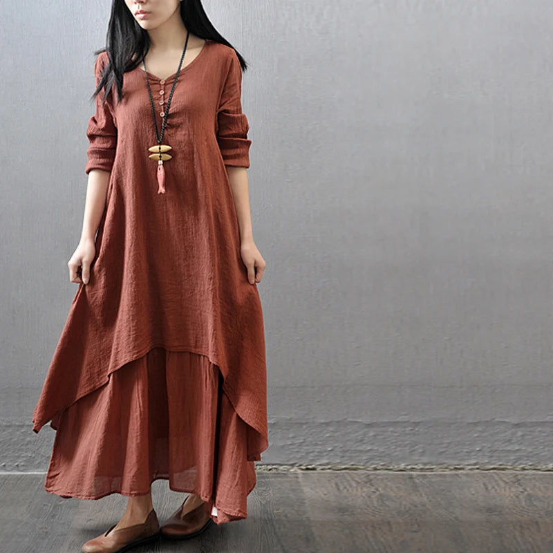 Summer Women  Boho Vintage Kaftan Loose Gypsy Maxi Dress Fake Two-piece Literary Irregular Large Swing Dress Robe