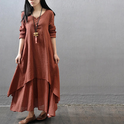 Summer Women  Boho Vintage Kaftan Loose Gypsy Maxi Dress Fake Two-piece Literary Irregular Large Swing Dress Robe