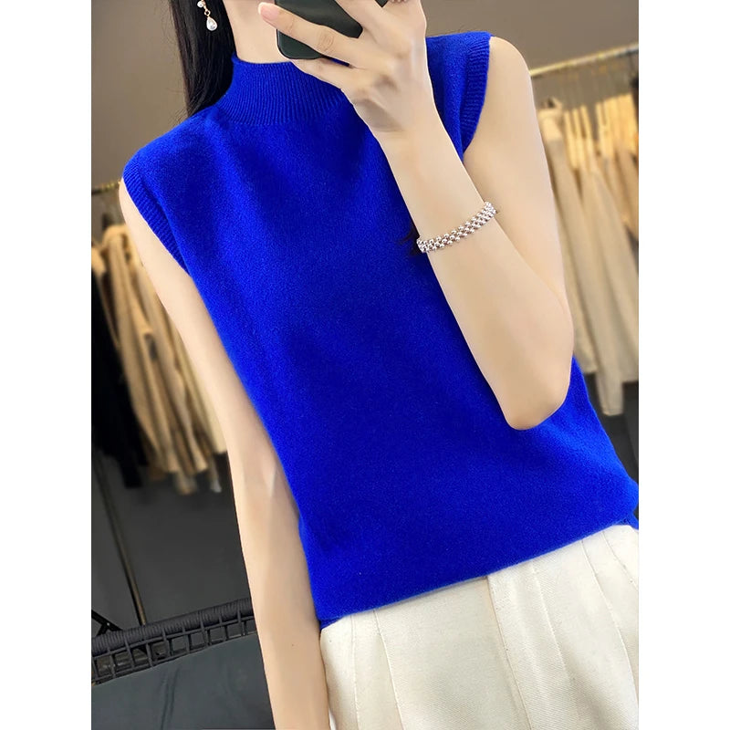 2024 Cashmere Vest Women's 100% Merino Wool Pullover Indoor Sleeveless Sweater Half-turtleneck Office Tops Waistcoat
