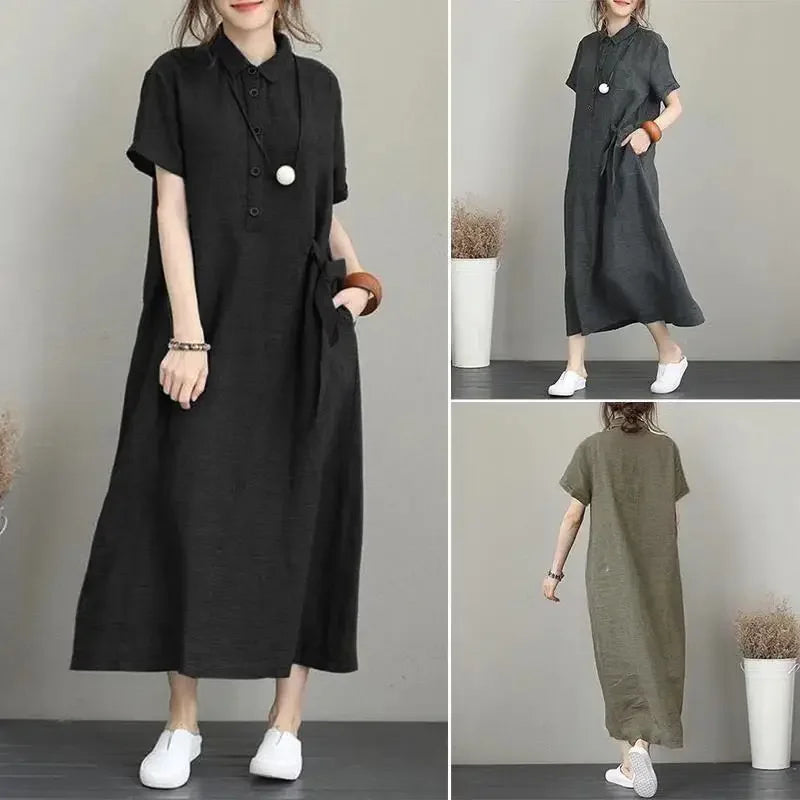 Women Summer Temperament Dress New Solid Color Lapel Short Sleeved Loose Pocket Casual Dress for Women Cotton Linen Clothing