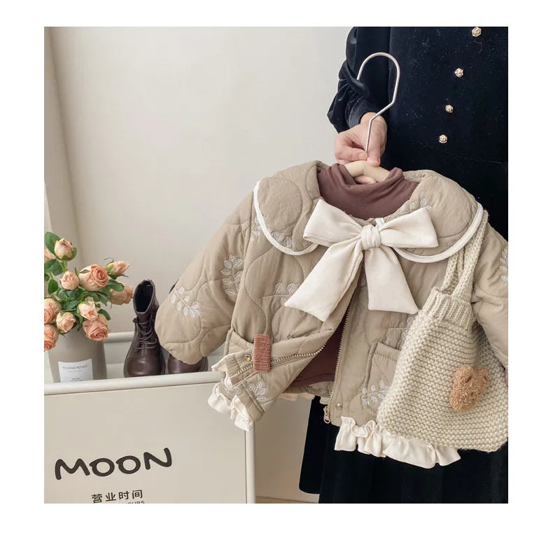 Winter Girls Coat Kids Baby Parkas Cotton Padded Plus Velvet Thickened Warm Children's Coat Solid Girls Embroidery Jacket