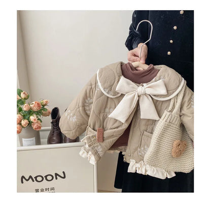 Winter Girls Coat Kids Baby Parkas Cotton Padded Plus Velvet Thickened Warm Children's Coat Solid Girls Embroidery Jacket