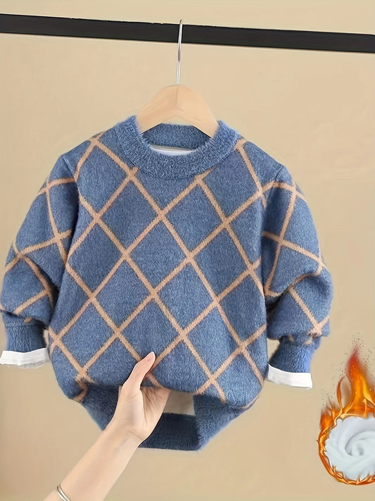 Boys' Sweater with Fleece Lining, Children's Faux Mink Sweater, New Autumn and Winter Pullover for Older Boys, Stylish for Boys