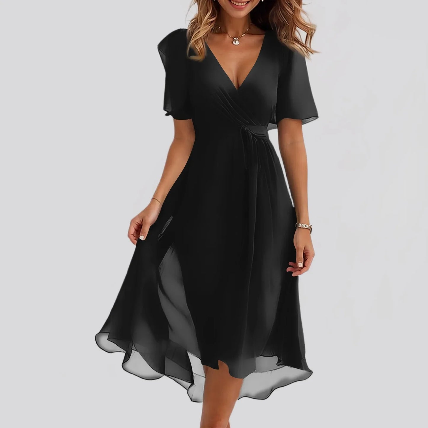 Women Summer Thin Dress Daily Casual Fashion Wrinkles V-Neck Waist Cinching A-Line Zipper Dress Lightweight Comfy Vacation Dress