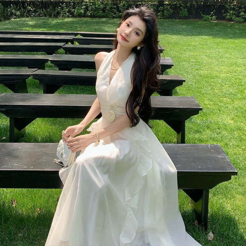 Summer Vacation Dress Woman French Elegant Irregular Floral Suspender Dress Beach Stylem Korean Fashion Midi Dress Chic