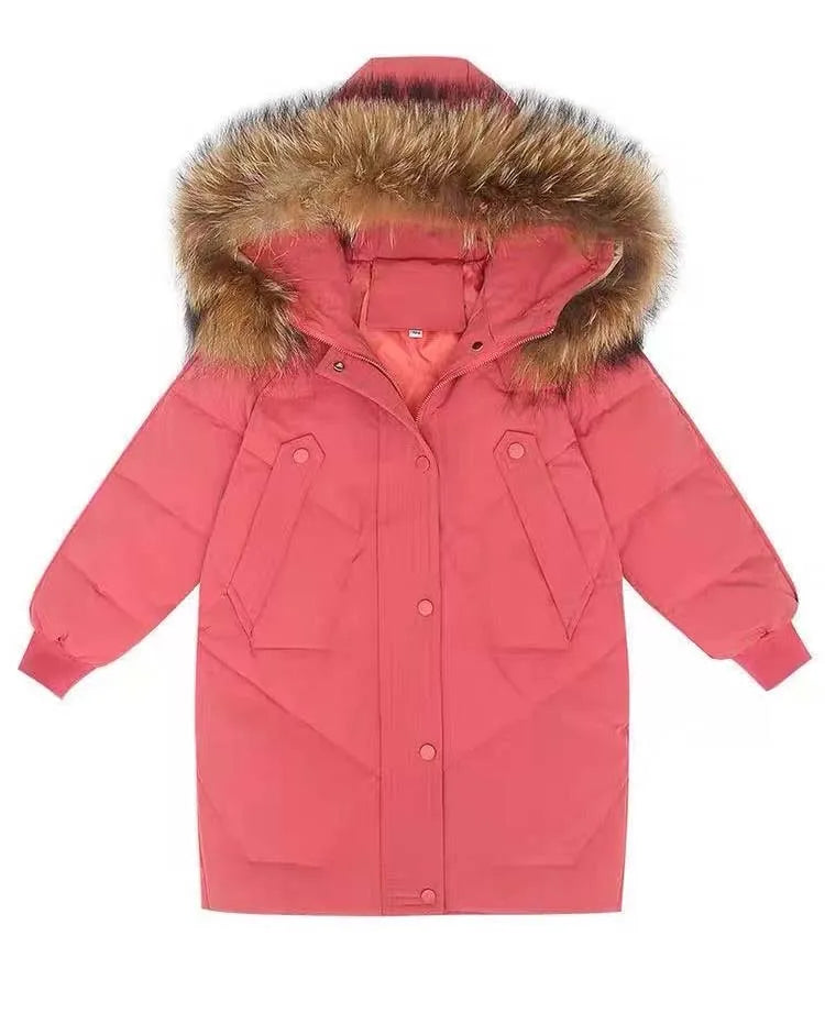 Winter Warm Jackets for Girls Two Colors Faux Fur Hooded Coat Kids White Duck Down Parkas Children Cotton Long Outwear