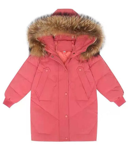 Winter Warm Jackets for Girls Two Colors Faux Fur Hooded Coat Kids White Duck Down Parkas Children Cotton Long Outwear